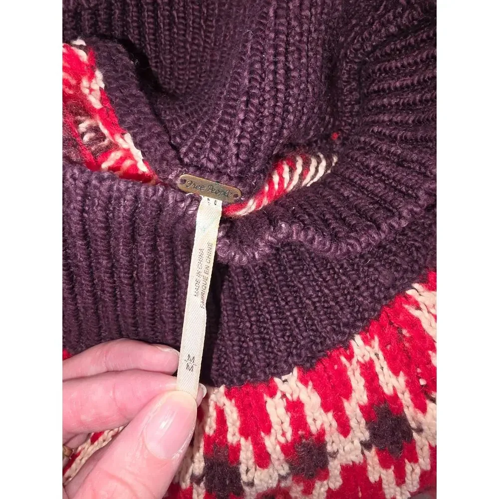 Free People Sweater Dress M Burgundy Cotton Wool Mohair Scotland Fair Isle Cozy